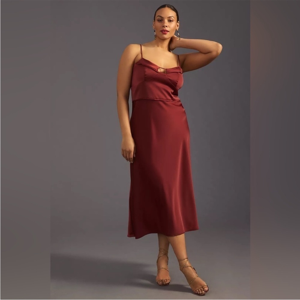 Anthropologie Corset Slip Dress Midi Cinnamon Brown Satin Size 16W
